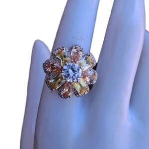 Sparkling Floral Sunburst Statement Ring | Silver Tone Multi-Stone